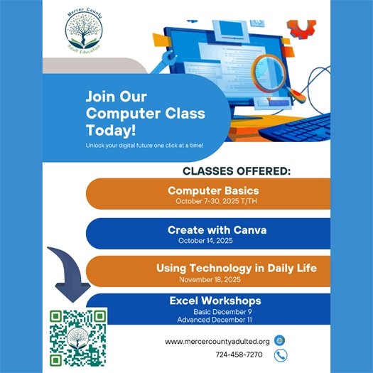 Mercer County Adult Computer Classes Event Flyer 